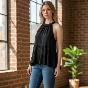 TIMING Black Or Rust Colored Sleevless Ruffled Flowey Top